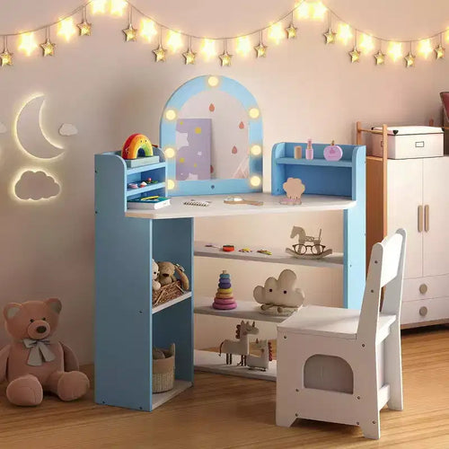 Coiffeuse d'angle 2-en-1 pour enfants avec lumières, étagères de rangement ouvertes et miroir éclairé