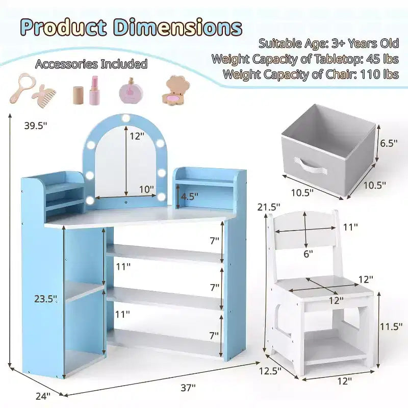 Coiffeuse d'angle 2-en-1 pour enfants avec lumières, étagères de rangement ouvertes et miroir éclairé