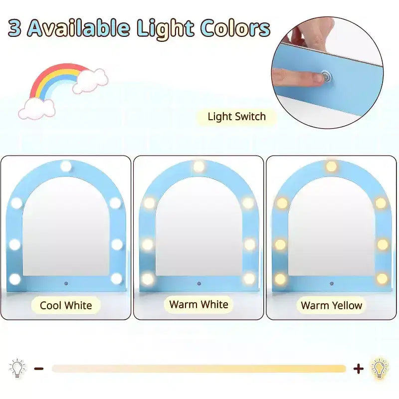 Coiffeuse d'angle 2-en-1 pour enfants avec lumières, étagères de rangement ouvertes et miroir éclairé
