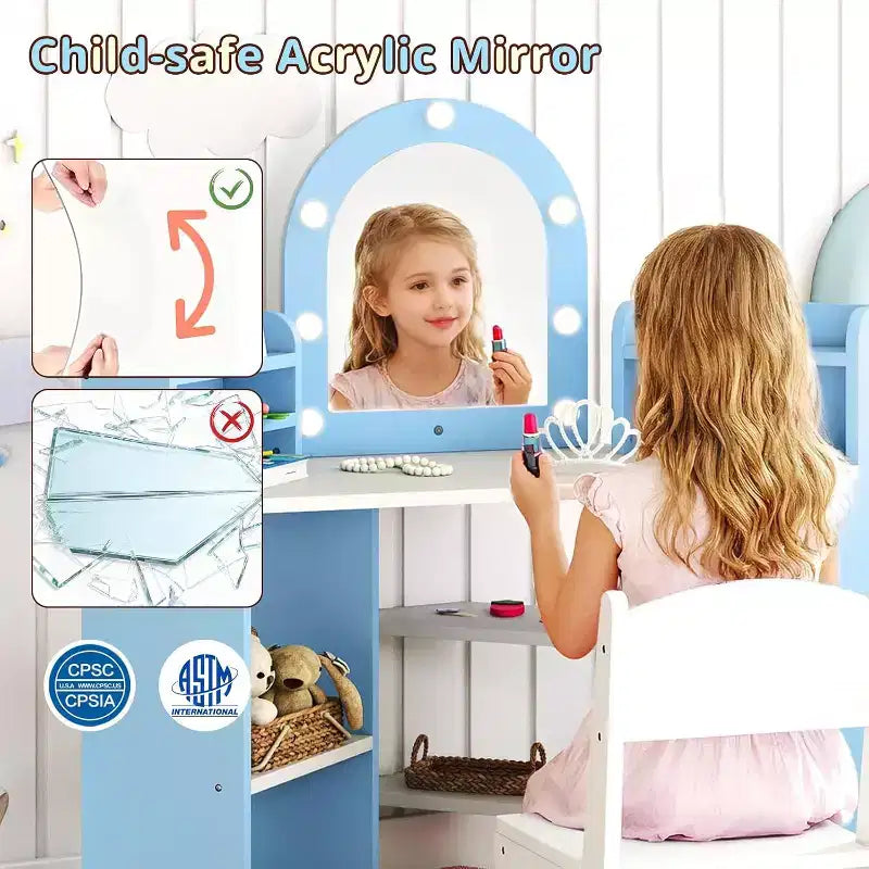 Coiffeuse d'angle 2-en-1 pour enfants avec lumières, étagères de rangement ouvertes et miroir éclairé