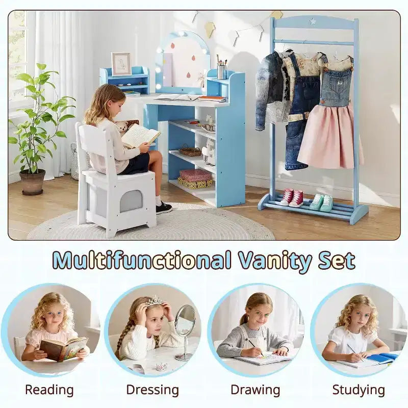 Coiffeuse d'angle 2-en-1 pour enfants avec lumières, étagères de rangement ouvertes et miroir éclairé