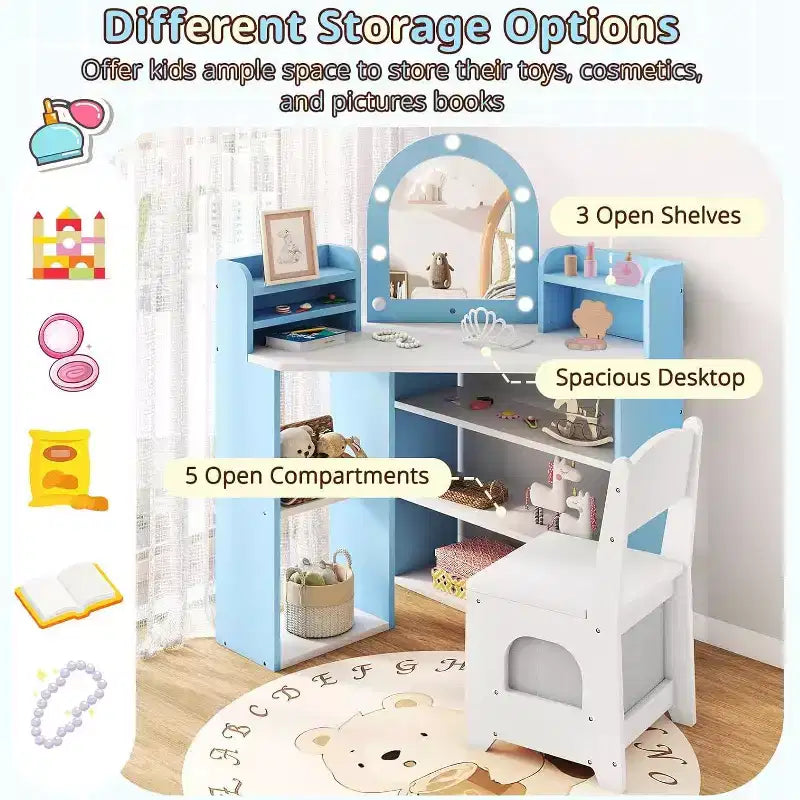 Coiffeuse d'angle 2-en-1 pour enfants avec lumières, étagères de rangement ouvertes et miroir éclairé