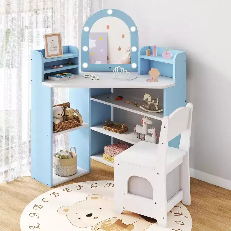 Coiffeuse d'angle 2-en-1 pour enfants avec lumières, étagères de rangement ouvertes et miroir éclairé