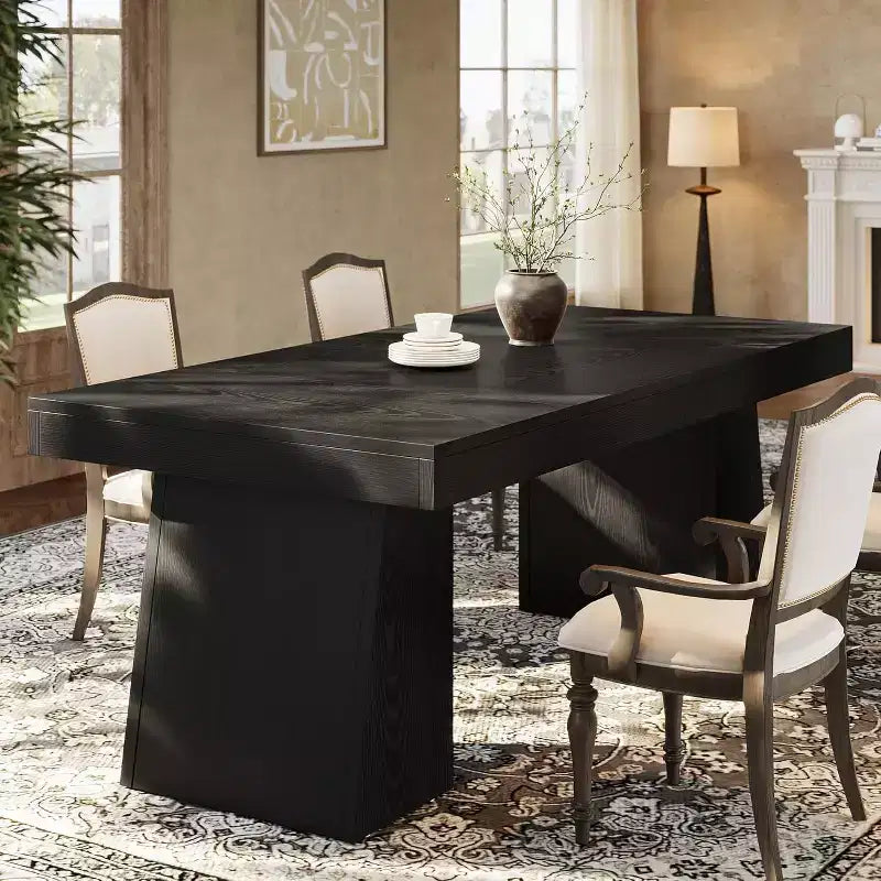Lantine 55-Inch Black Farmhouse Rectangular Dining Table with Double Pedestal for 4-6 People, Wood Furniture for Home Dining Room, Small Space