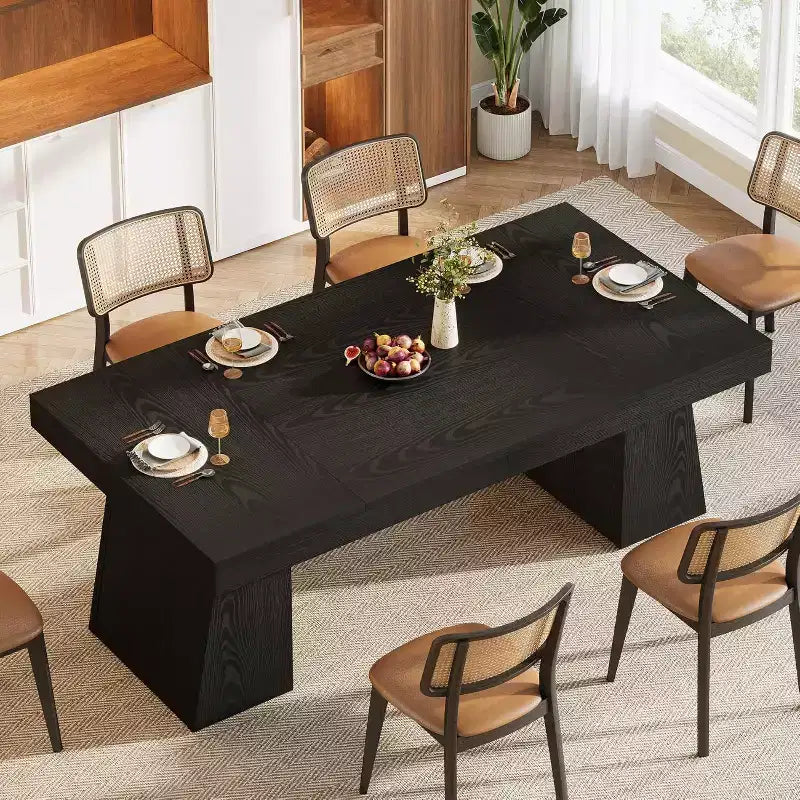 Table à manger rectangulaire noire de style ferme de 55 pouces avec double piédestal pour 4 à 6 personnes, meuble en bois pour salle à manger à domicile, petit espace