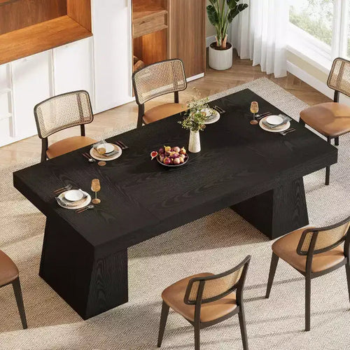 Table à manger rectangulaire noire de style ferme de 55 pouces avec double piédestal pour 4 à 6 personnes, meuble en bois pour salle à manger à domicile, petit espace