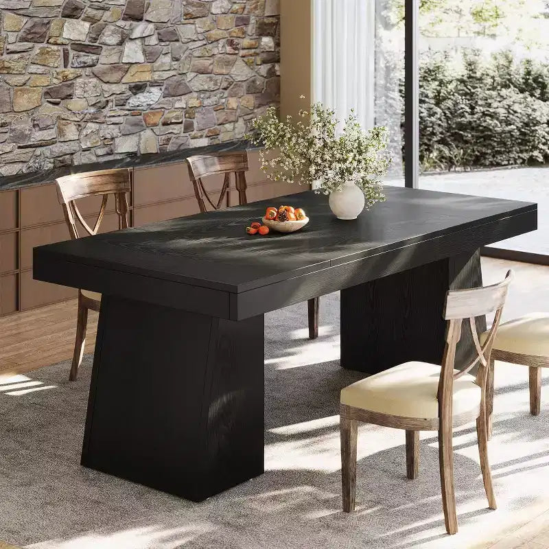Table à manger rectangulaire noire de style ferme de 55 pouces avec double piédestal pour 4 à 6 personnes, meuble en bois pour salle à manger à domicile, petit espace
