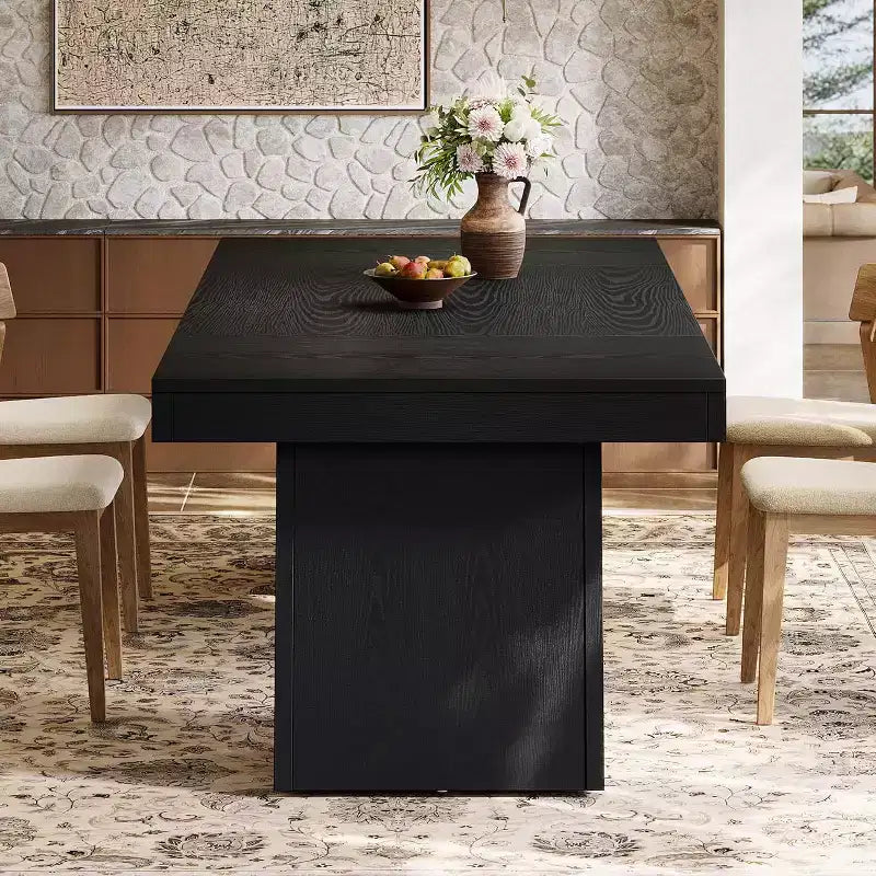 Table à manger rectangulaire noire de style ferme de 55 pouces avec double piédestal pour 4 à 6 personnes, meuble en bois pour salle à manger à domicile, petit espace