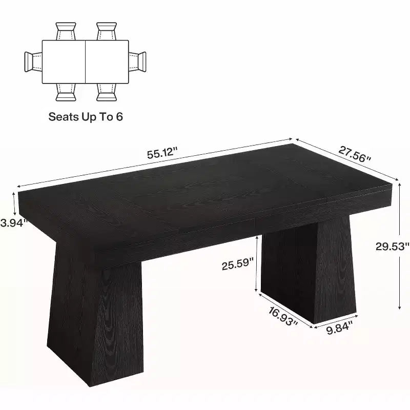 Table à manger rectangulaire noire de style ferme de 55 pouces avec double piédestal pour 4 à 6 personnes, meuble en bois pour salle à manger à domicile, petit espace