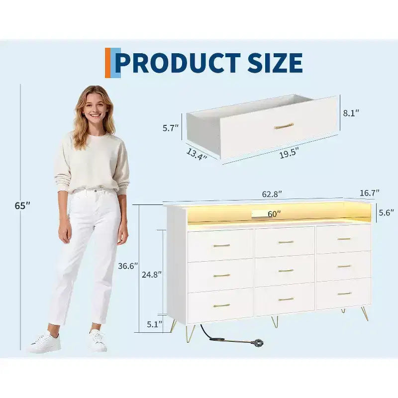 Commode en bois à 9 tiroirs avec lumières LED et station de charge, commode en bois avec contrôle par application, meuble de rangement pour salon, placard