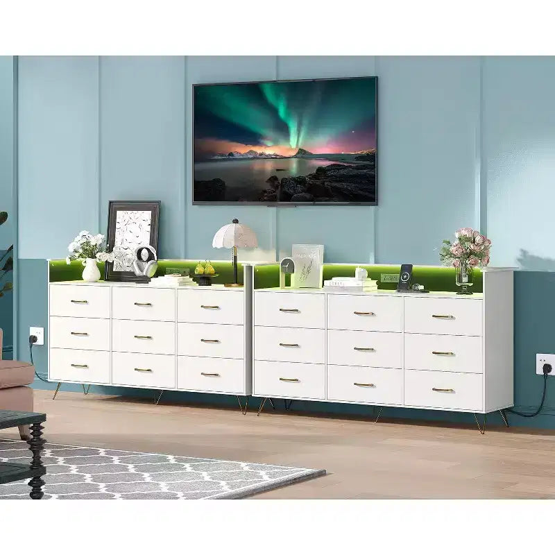 Commode en bois à 9 tiroirs avec lumières LED et station de charge, commode en bois avec contrôle par application, meuble de rangement pour salon, placard
