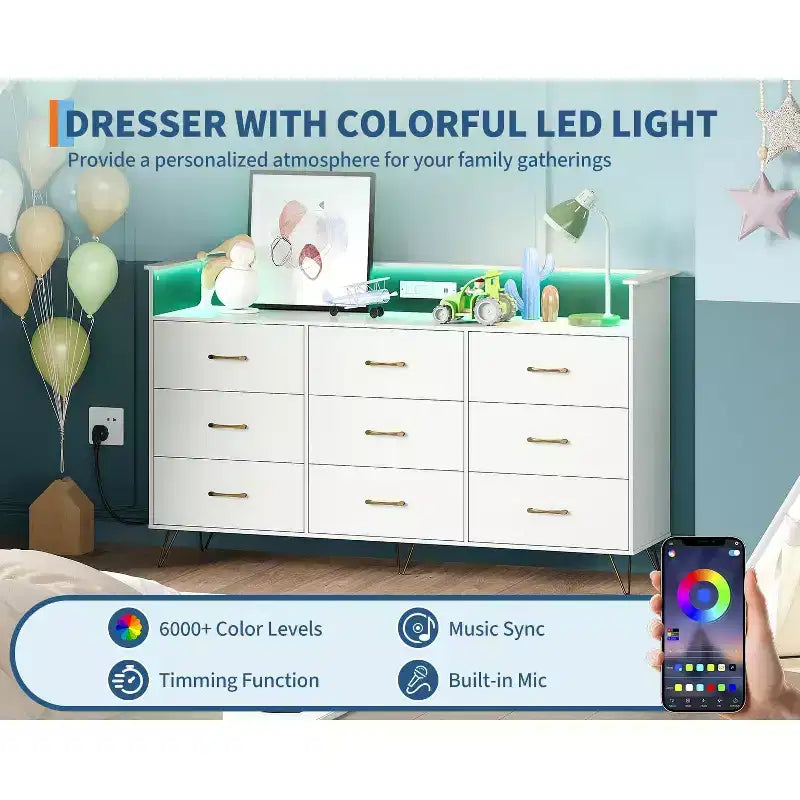 Commode en bois à 9 tiroirs avec lumières LED et station de charge, commode en bois avec contrôle par application, meuble de rangement pour salon, placard
