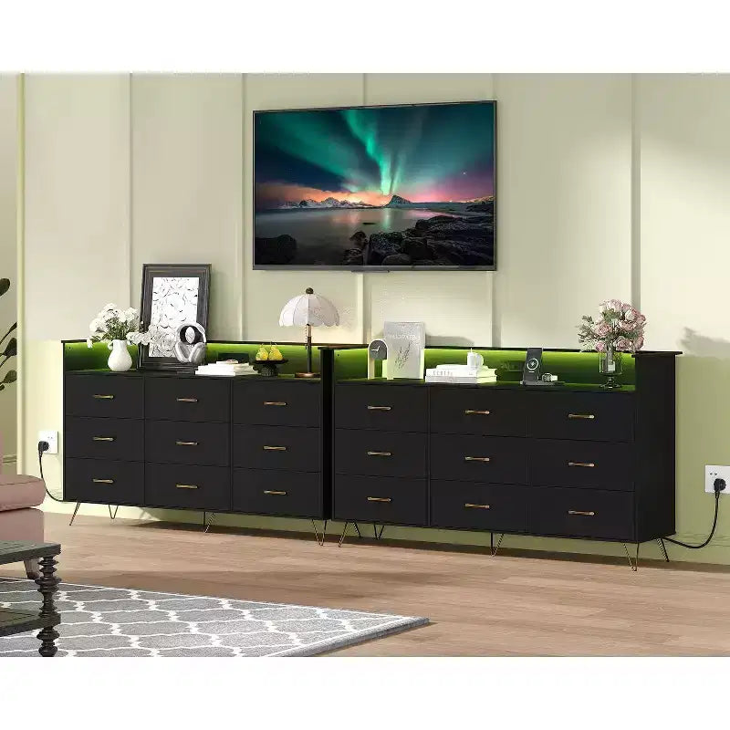 Commode en bois à 9 tiroirs avec lumières LED et station de charge, commode en bois avec contrôle par application, meuble de rangement pour salon, placard