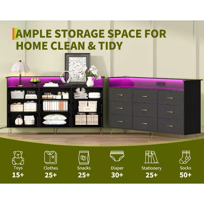 Commode en bois à 9 tiroirs avec lumières LED et station de charge, commode en bois avec contrôle par application, meuble de rangement pour salon, placard