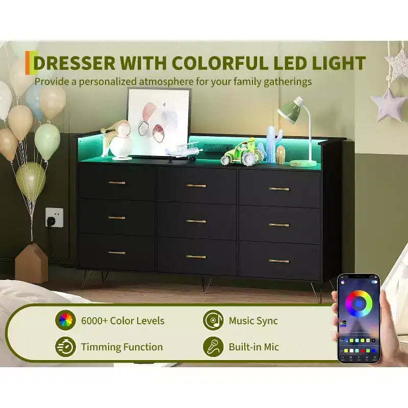 Commode en bois à 9 tiroirs avec lumières LED et station de charge, commode en bois avec contrôle par application, meuble de rangement pour salon, placard