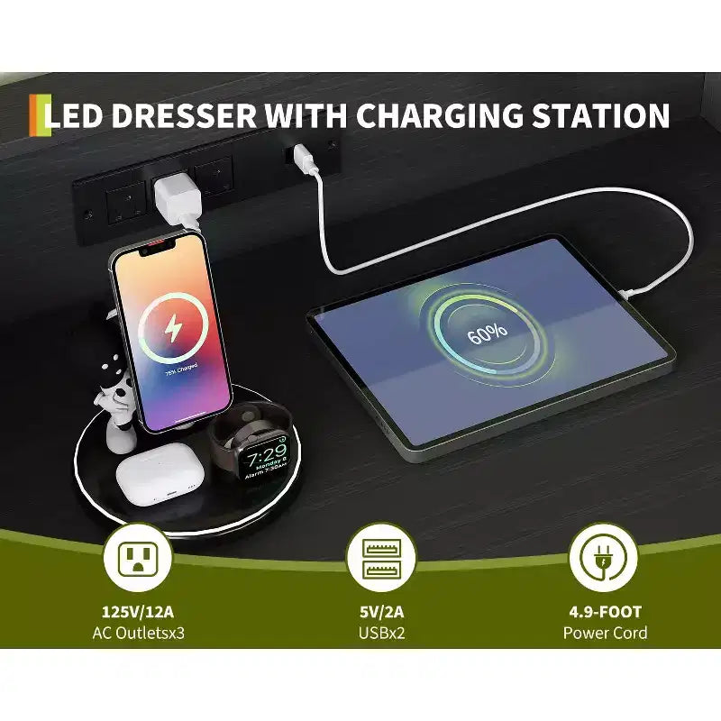 Commode en bois à 9 tiroirs avec lumières LED et station de charge, commode en bois avec contrôle par application, meuble de rangement pour salon, placard