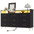 9 Drawer Wooden Dressers with LED Lights & Charging Station, Wood Chest of Drawers with App Control, Storage Cabinet for Living Room, Closet