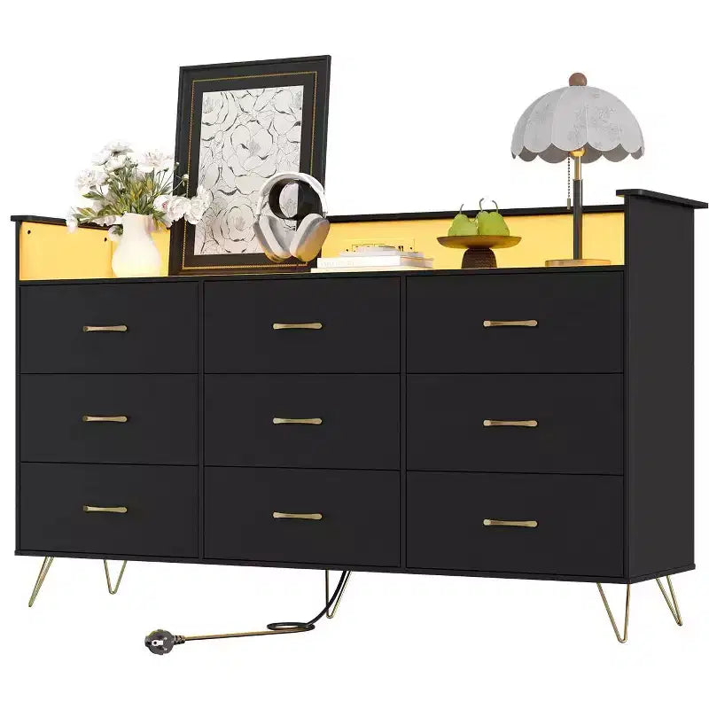 9 Drawer Wooden Dressers with LED Lights & Charging Station, Wood Chest of Drawers with App Control, Storage Cabinet for Living Room, Closet