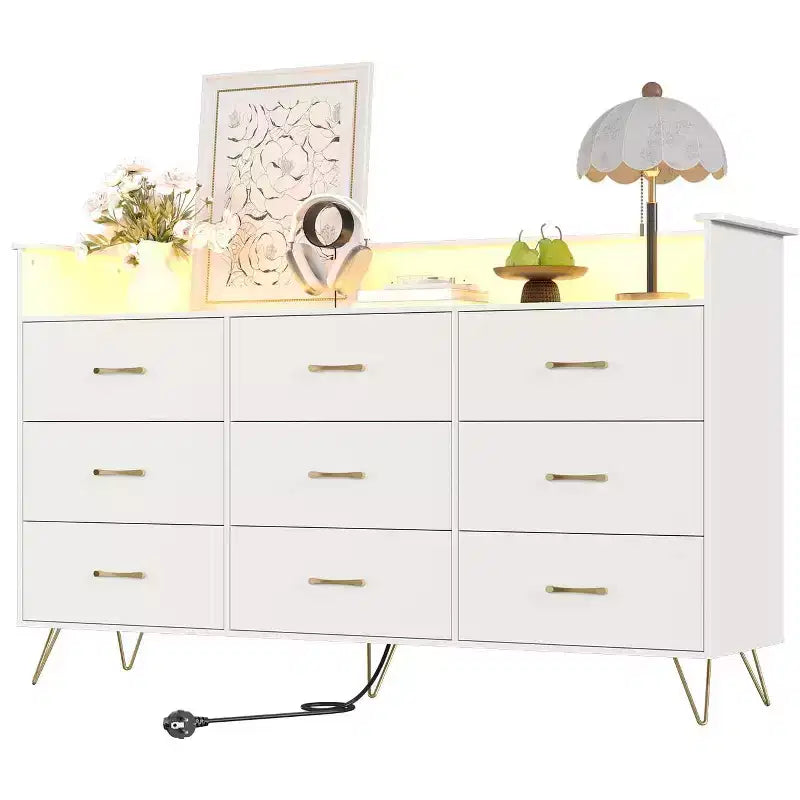 Commode en bois à 9 tiroirs avec lumières LED et station de charge, commode en bois avec contrôle par application, meuble de rangement pour salon, placard