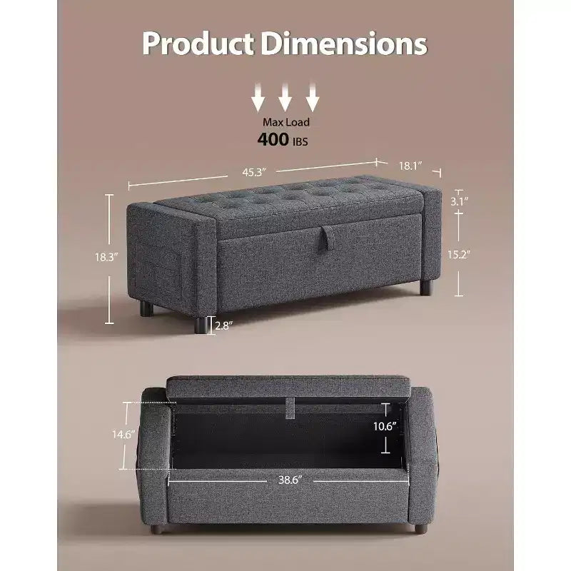 46 Tabouret de rangement pour chaussures avec charnières de sécurité, idéal pour la chambre à coucher, le salon et les bancs d'entrée, capacité de charge maximale de 180 kg