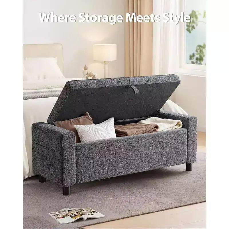 46 Tabouret de rangement pour chaussures avec charnières de sécurité, idéal pour la chambre à coucher, le salon et les bancs d'entrée, capacité de charge maximale de 180 kg
