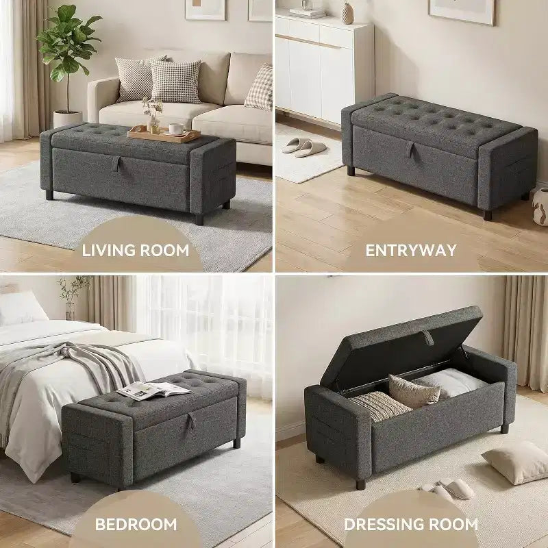 46 Tabouret de rangement pour chaussures avec charnières de sécurité, idéal pour la chambre à coucher, le salon et les bancs d'entrée, capacité de charge maximale de 180 kg
