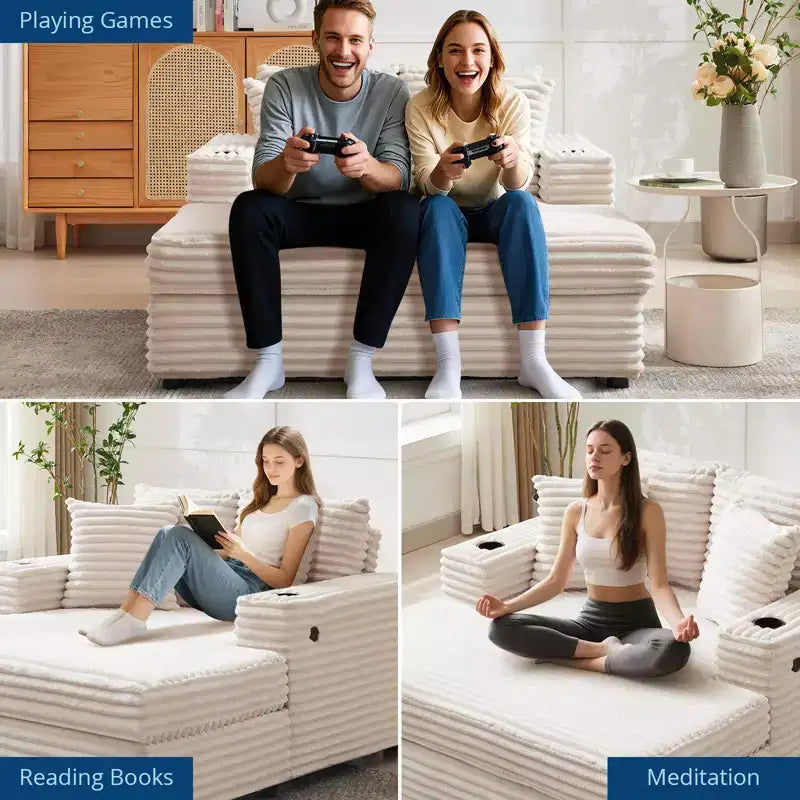 Canapé-lit méridienne en velours côtelé surdimensionné, avec accoudoirs, rembourrage doux et porte-gobelet, pour la maison, la chambre, le bureau