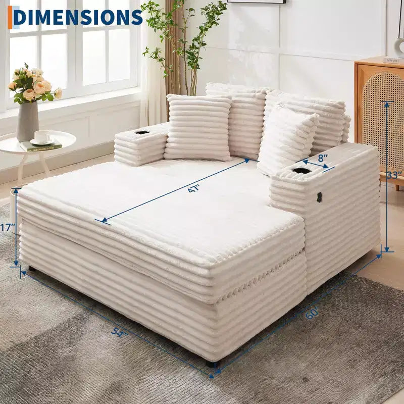 Canapé-lit méridienne en velours côtelé surdimensionné, avec accoudoirs, rembourrage doux et porte-gobelet, pour la maison, la chambre, le bureau